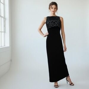 Be Smart Vintage Black Velvet Strappy Chic Formal Bling Wedding Guest Dress 9/10